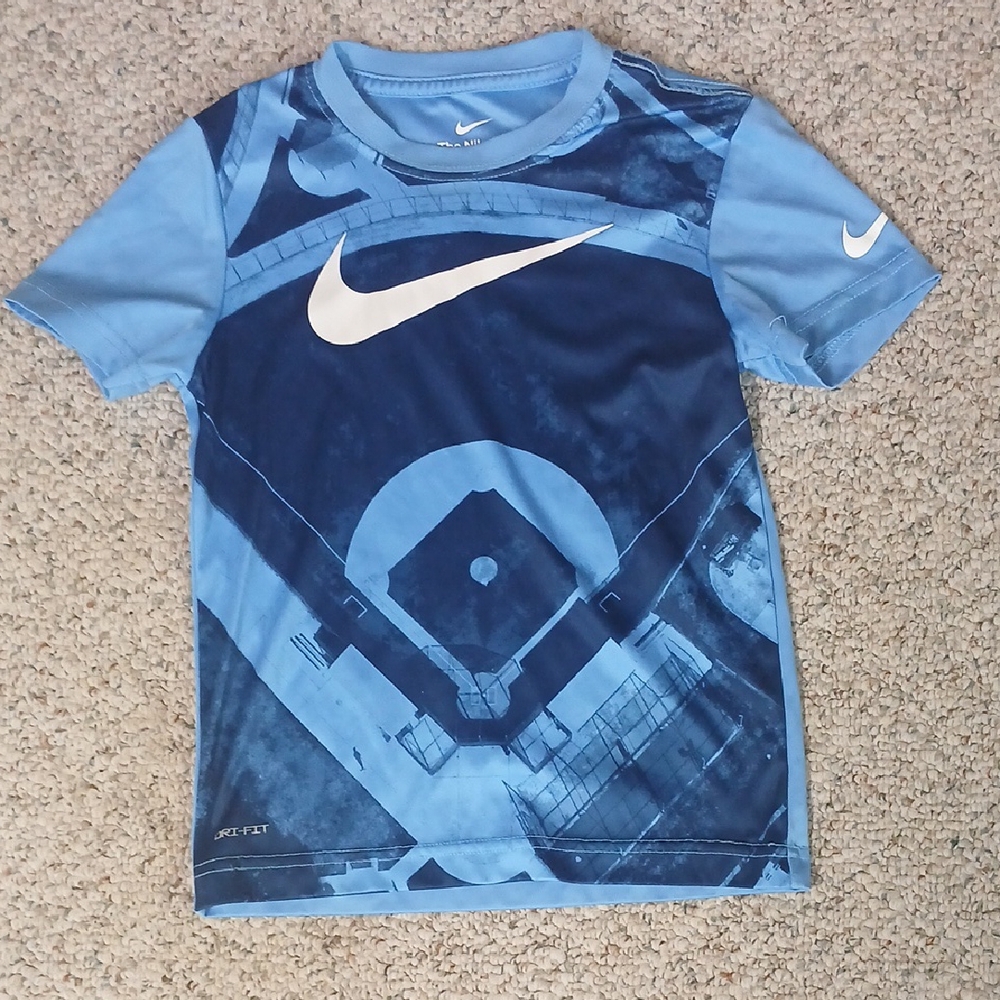 5/$20 Nike Blue and White Short Sleeve Tee with Baseball Graphic